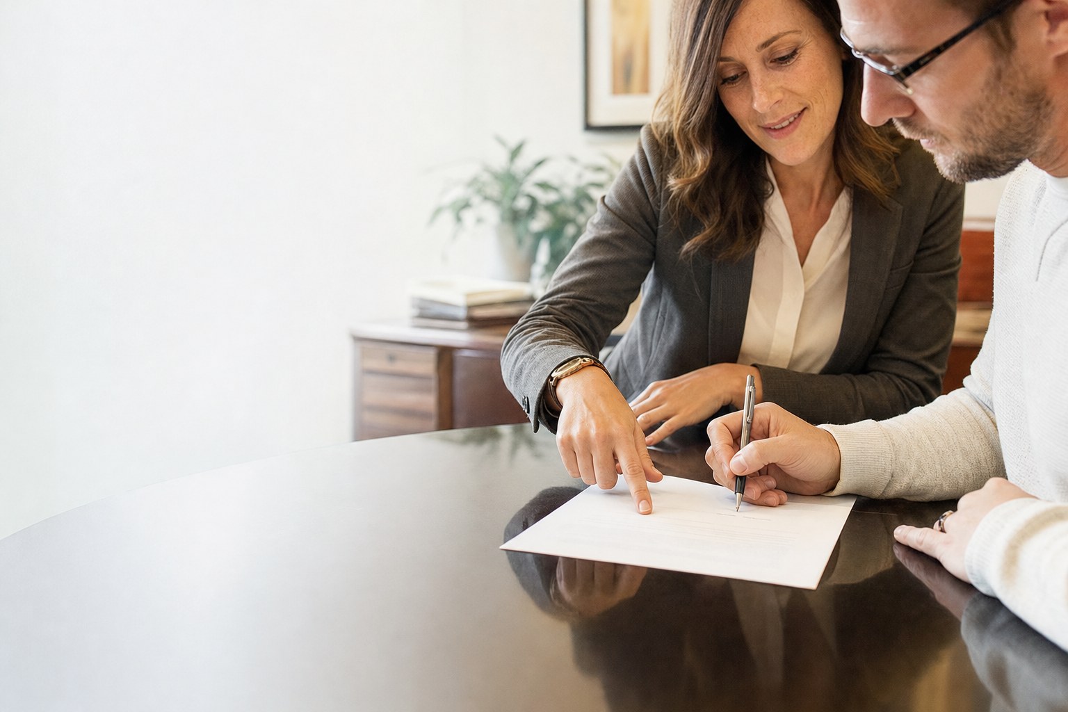 Client signing a written agreement with an advisor