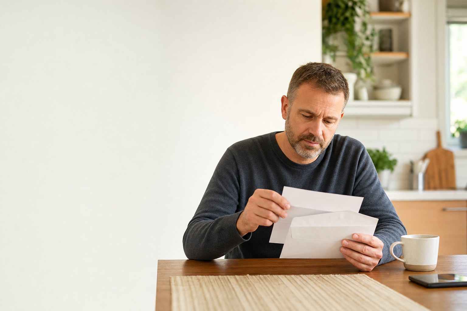 Person opening an IRS letter at a kitchen table