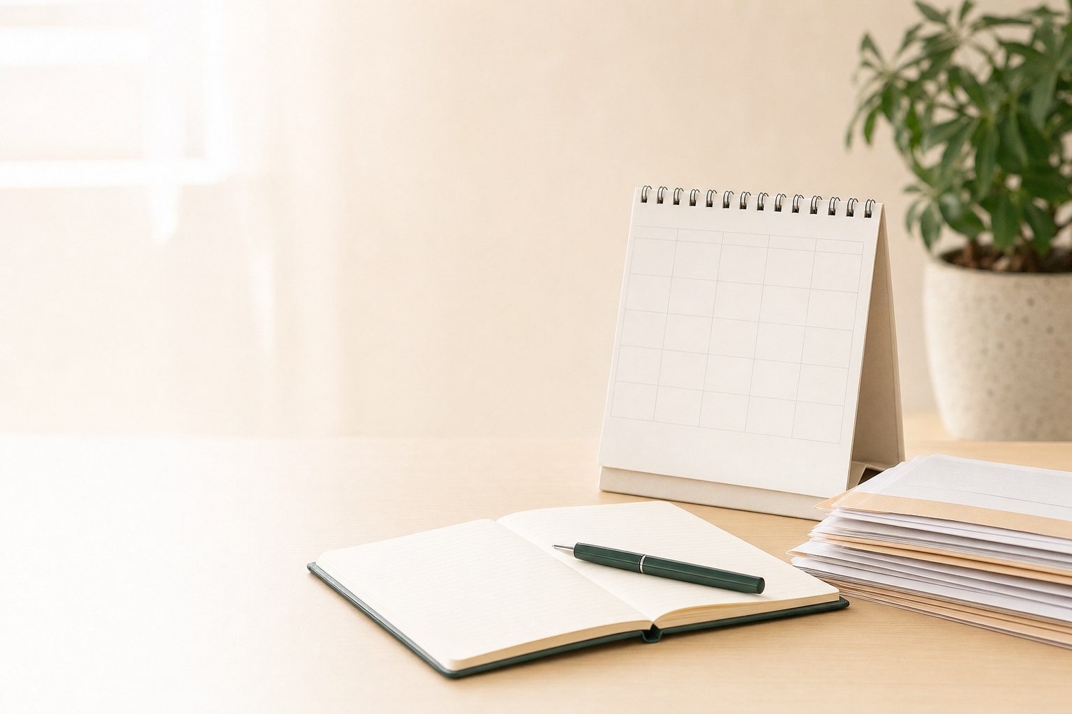 Calendar and organized bills on a desk