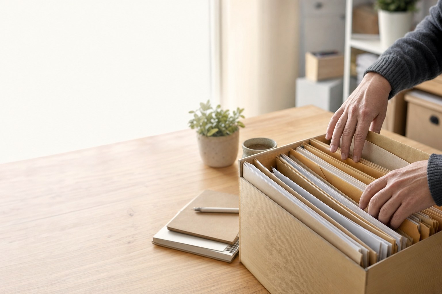Hands sorting old tax folders in a storage box